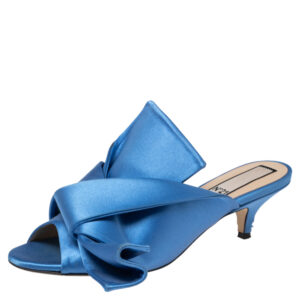 N&ordm;21 Blue Satin Raso Knot Peep Toe Kitten Heel Mules Size 36.5