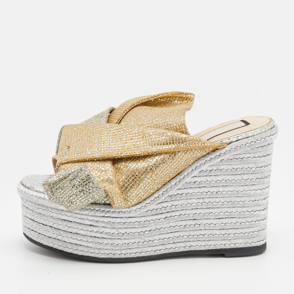 luxury-women-n21-used-shoes-p663833-002-1 N21 Silver/Gold Glitter Fabric Raso Knot Espadrille Platform Wedge Sandals Size 35.5