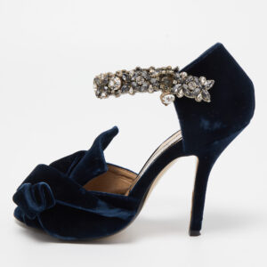 N&deg;21 Navy Blue Velvet Crystal Embellished Ankle Strap Sandals Size 36