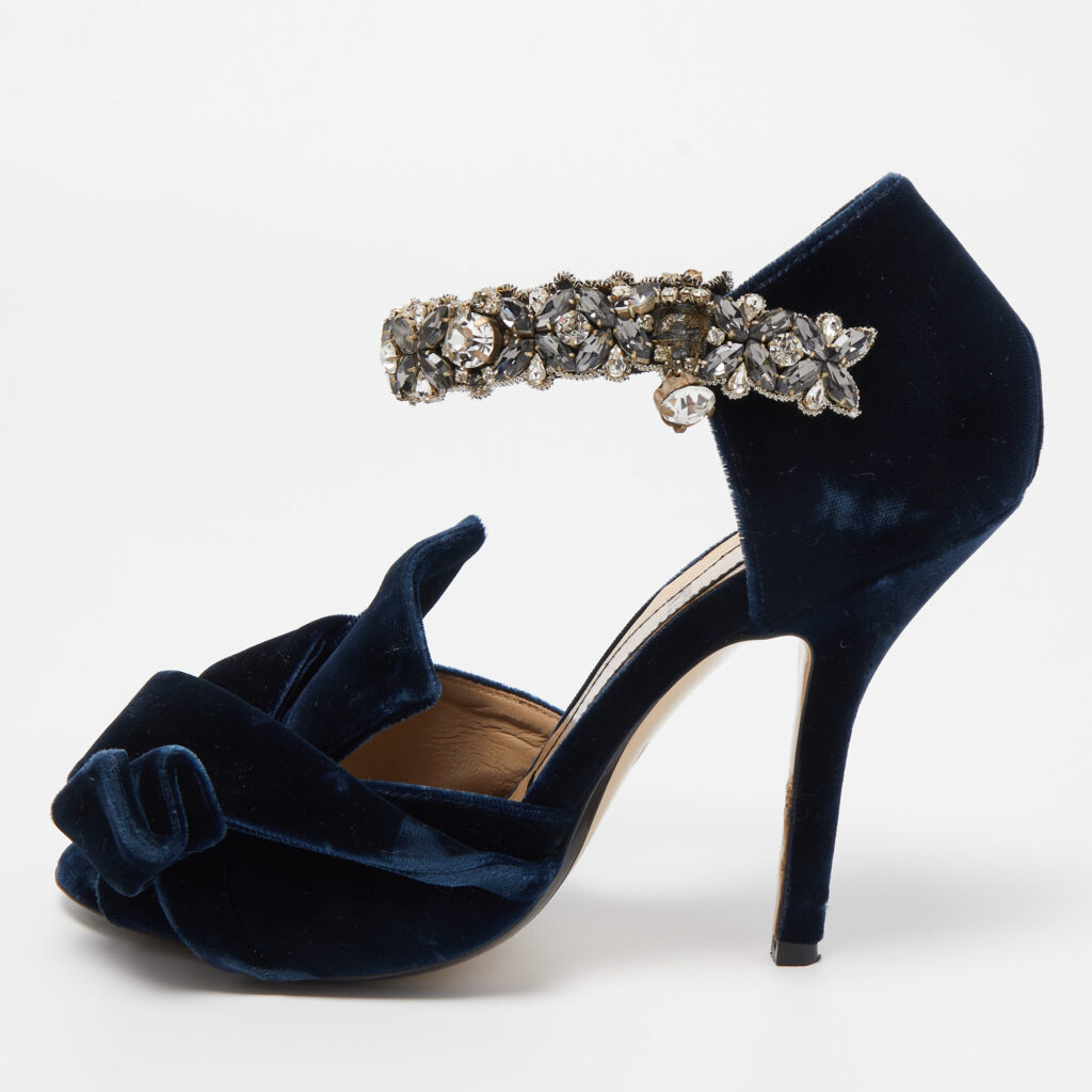 N°21 Navy Blue Velvet Crystal Embellished Ankle Strap Sandals Size 36