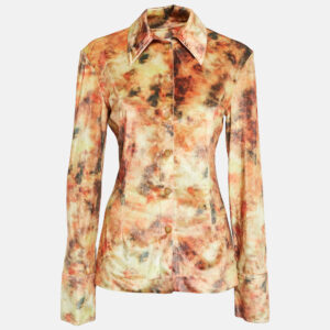 Nanushka Orange Hazy Floral Print Stretch Velvet Shirt M