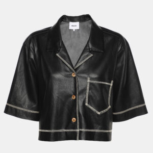 Nanushka Black Vegan Leather Cropped Camp Shirt S