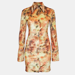 Nanushka Orange Hazy Floral Print Stretch Velvet Shirt Dress XS