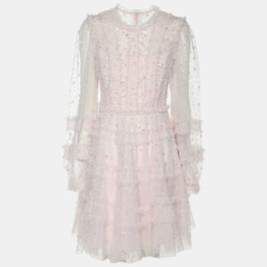 Needle & Thread Light Pink Mesh Violet Shimmer Micro Mini Dress S