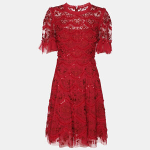 Needle & Thread Red Mesh Embroidered Liliy Bloom Mini Dress S