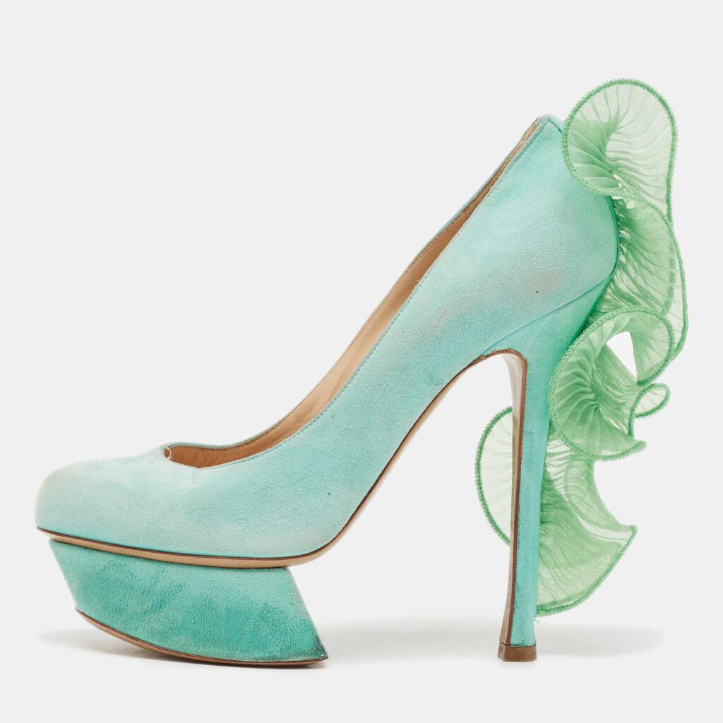 luxury-women-nicholaskirkwood-used-shoes-p1097722-003 Nicholas Kirkwood Mint Green Suede Ruffle Trimmed Platform Pumps Size 37