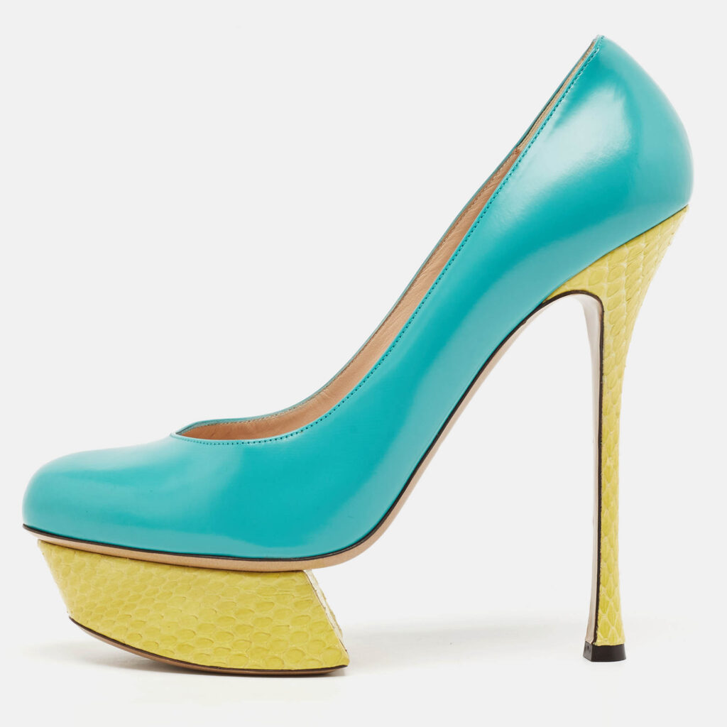 luxury-women-nicholaskirkwood-used-shoes-p1101643-010 Nicholas Kirkwood Blue/Yellow Leather and Python Leather Platform Pumps Size 41