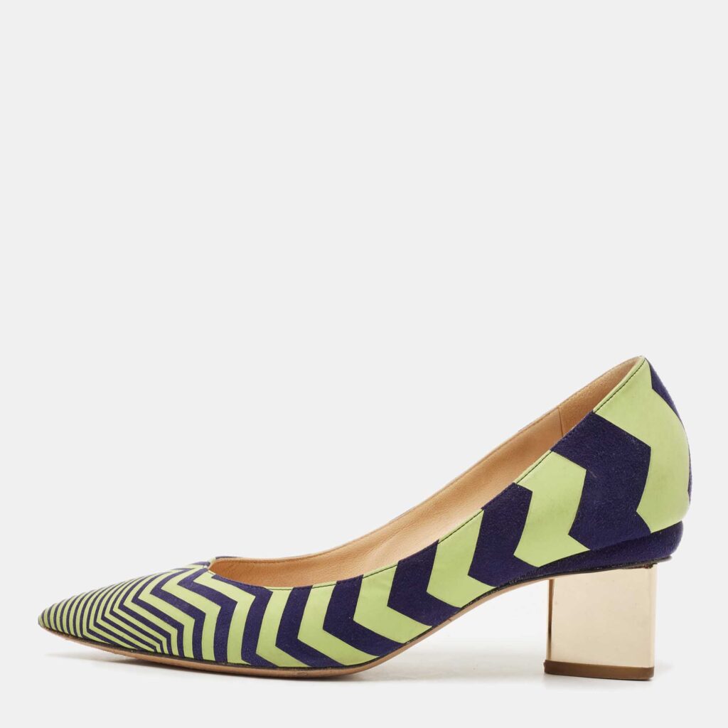 luxury-women-nicholaskirkwood-used-shoes-p1133719-003 Nicholas Kirkwood Green/Blue Chevron Suede Block Heel Pumps Size 37