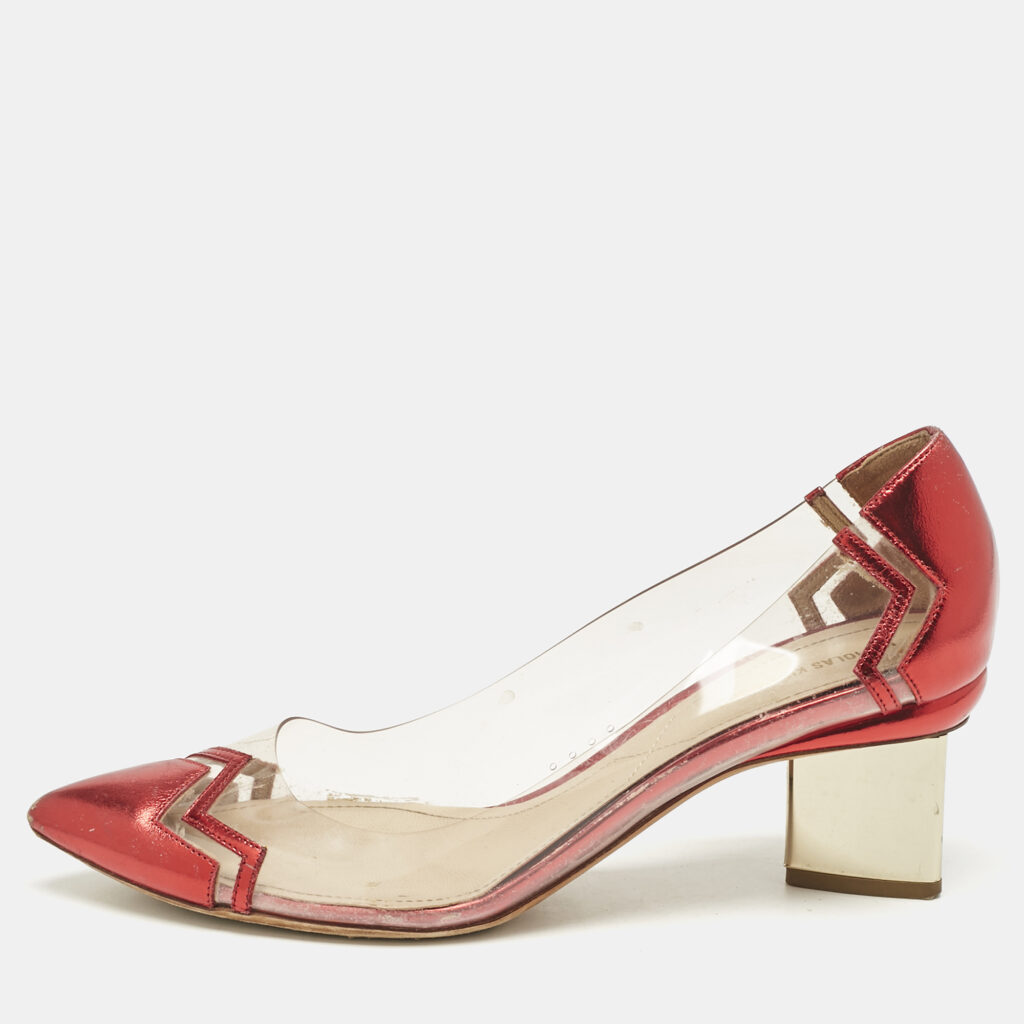 luxury-women-nicholaskirkwood-used-shoes-p1154418-001 Nicholas Kirkwood Red/Transparent Leather and PVC Block Heel Pumps Size 39