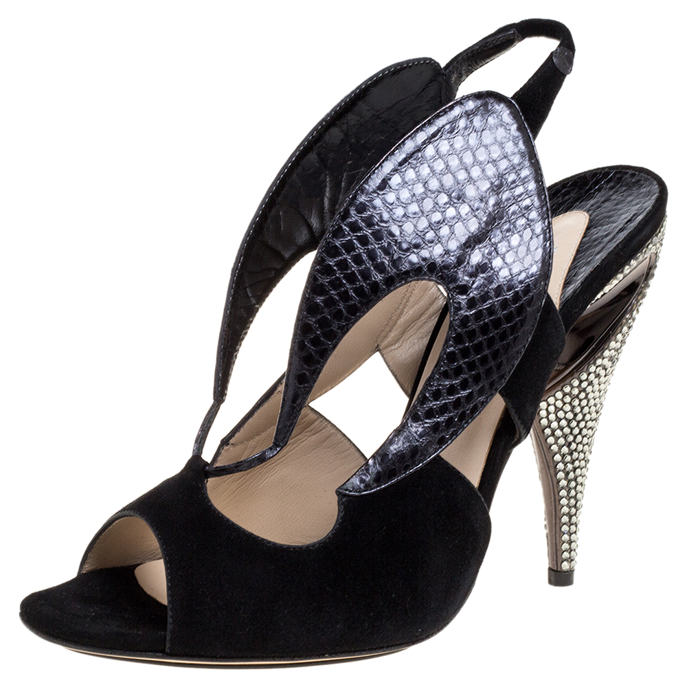 luxury-women-nicholaskirkwood-used-shoes-p361066-003 Nicholas Kirkwood Black Suede And Python Embossed Leather Cutout Slingback Sandals Size 39.5