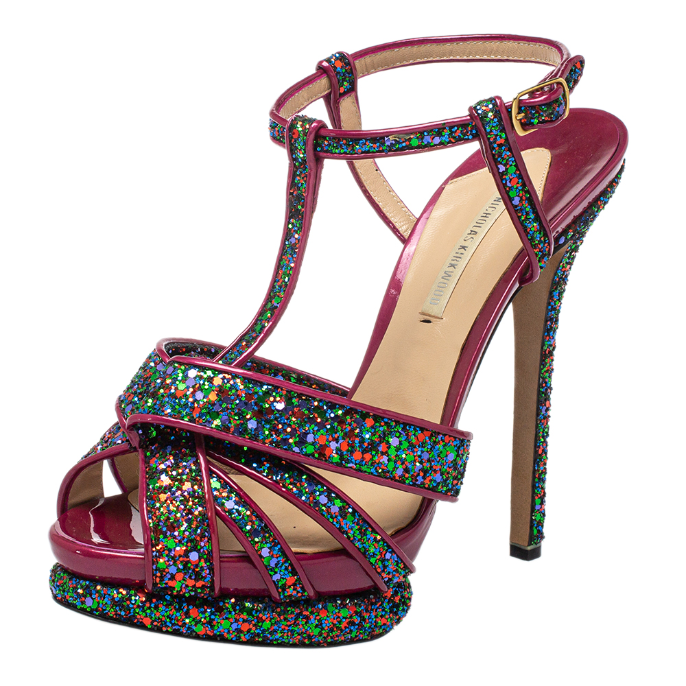 luxury-women-nicholaskirkwood-used-shoes-p439725-002 Nicholas Kirkwood Pink Patent Leather and Glitter T Strap Platform Sandals Size 39