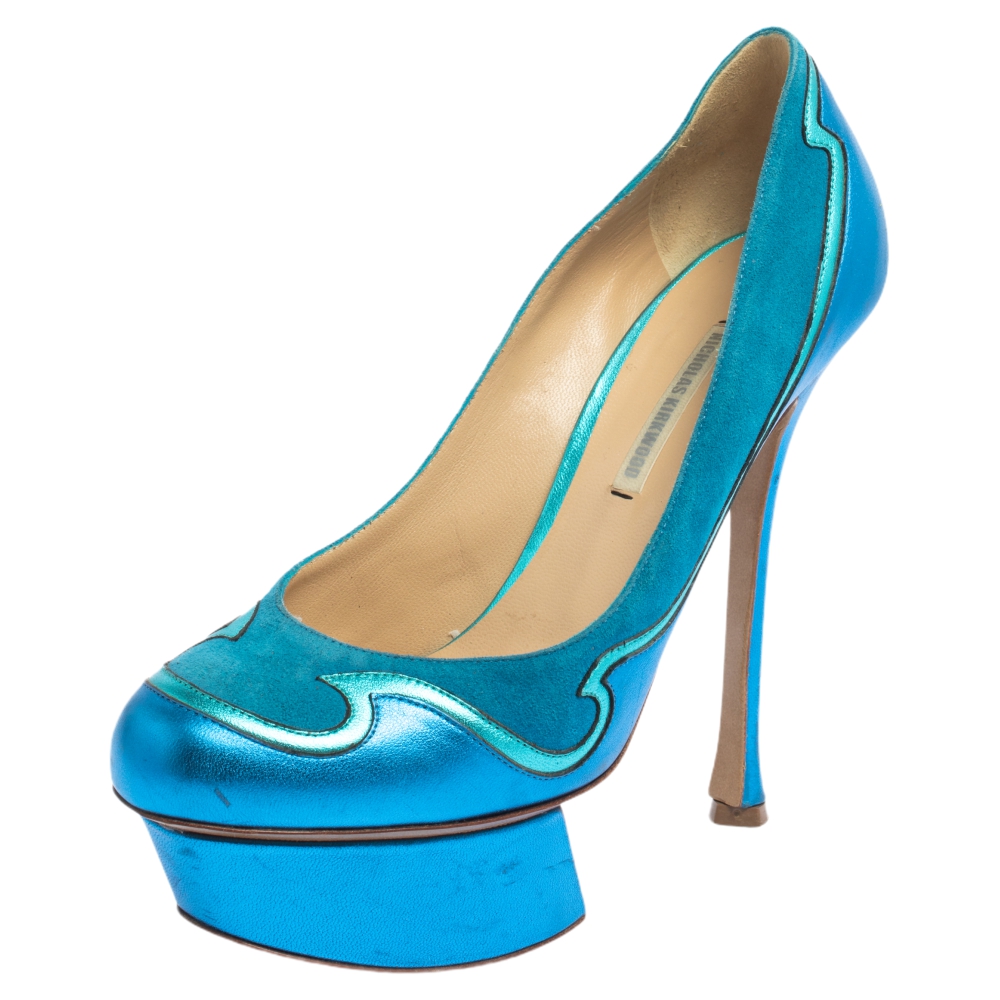 luxury-women-nicholaskirkwood-used-shoes-p463430-009 Nicholas Kirkwood Blue Suede And Leather Platform Pumps Size 36.5