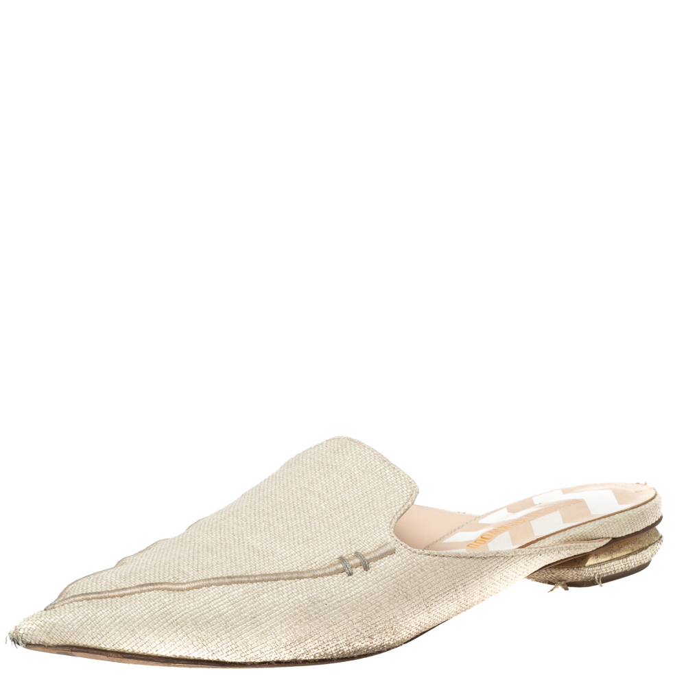luxury-women-nicholaskirkwood-used-shoes-p572818-009-2 Nicholas Kirkwood Cream Raffia Pointed Toe Beya Flat Mule Sandals Size 40.5