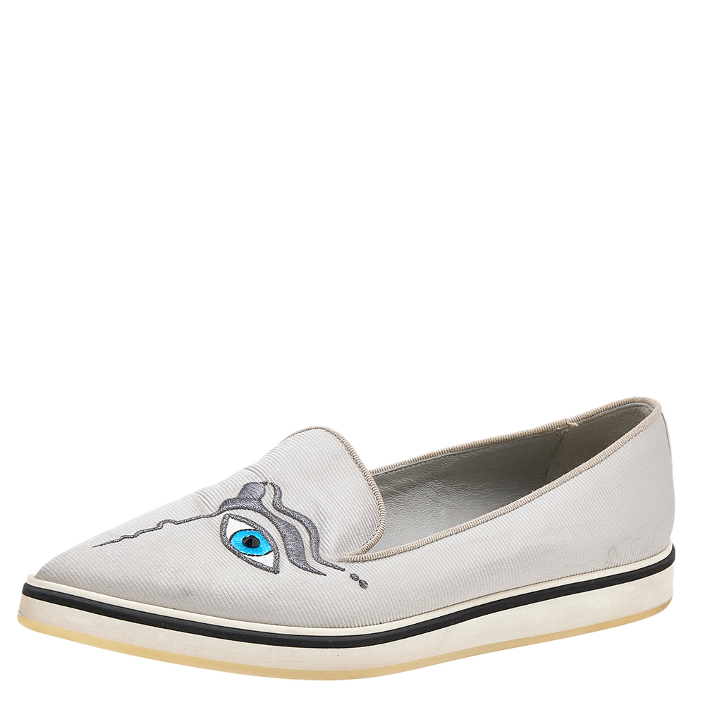 luxury-women-nicholaskirkwood-used-shoes-p613379-006-1 Nicholas Kirkwood Silver Fabric Eye Motif Iris Slip On Loafers Size 37.5