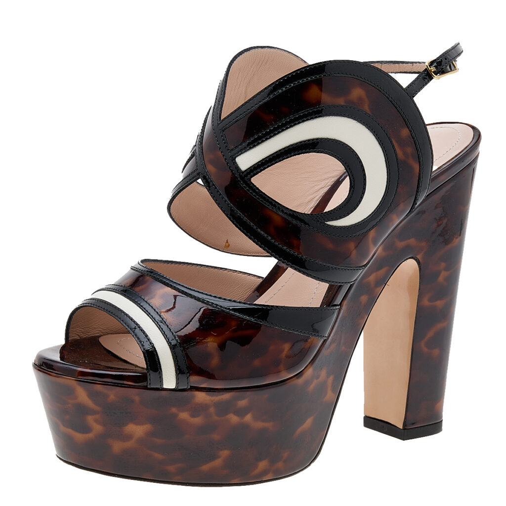 Nicholas Kirkwood Brown Marble Print Patent Leather Platform Block Heel Sandals Size 36.5