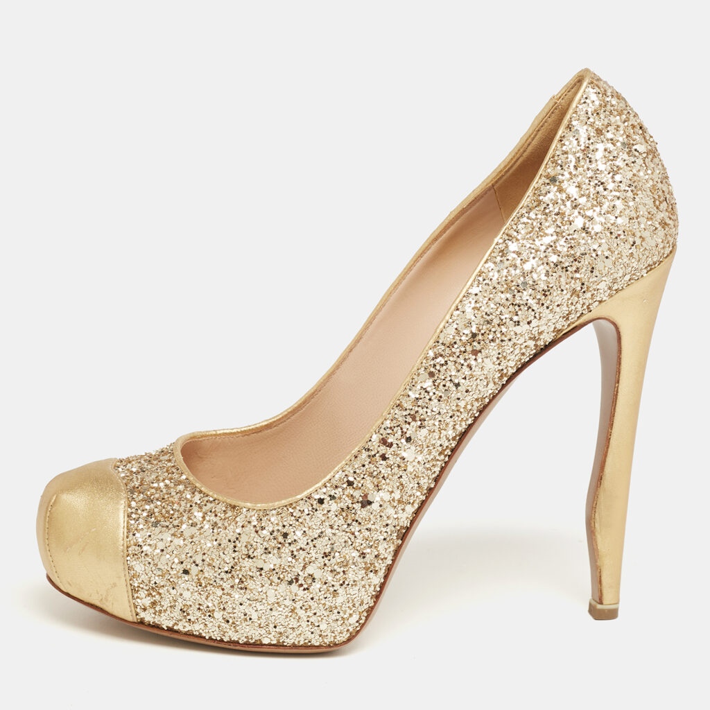luxury-women-nicholaskirkwood-used-shoes-p628504-011 Nicholas Kirkwood Gold Glitter and Leather Cap-Toe Pumps Size 38.5