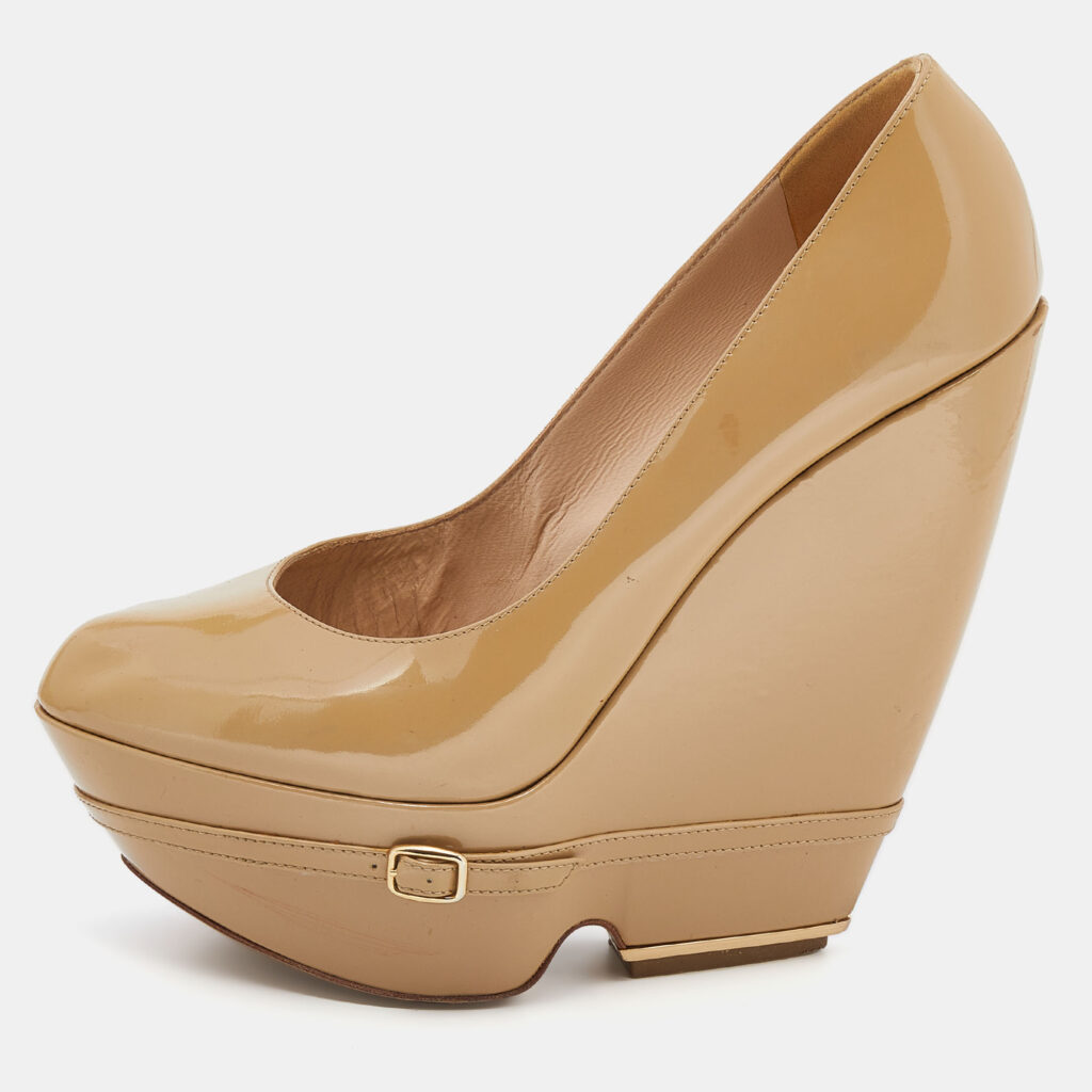 luxury-women-nicholaskirkwood-used-shoes-p639359-003-2 Nicholas Kirkwood Beige Patent Leather Wedge Platform Pumps Size 38.5