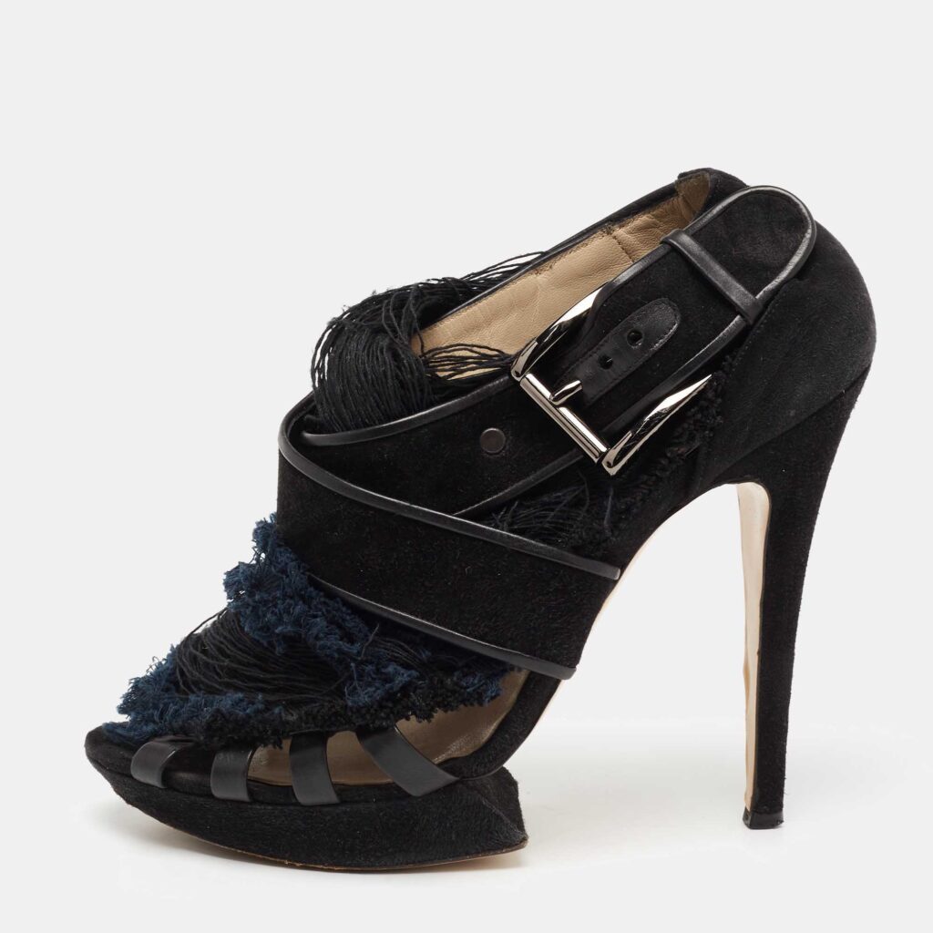 luxury-women-nicholaskirkwood-used-shoes-p658497-003-1 Nicholas Kirkwood Black/Blue Suede And Fabric Criss Cross Platform Sandals Size 39.5