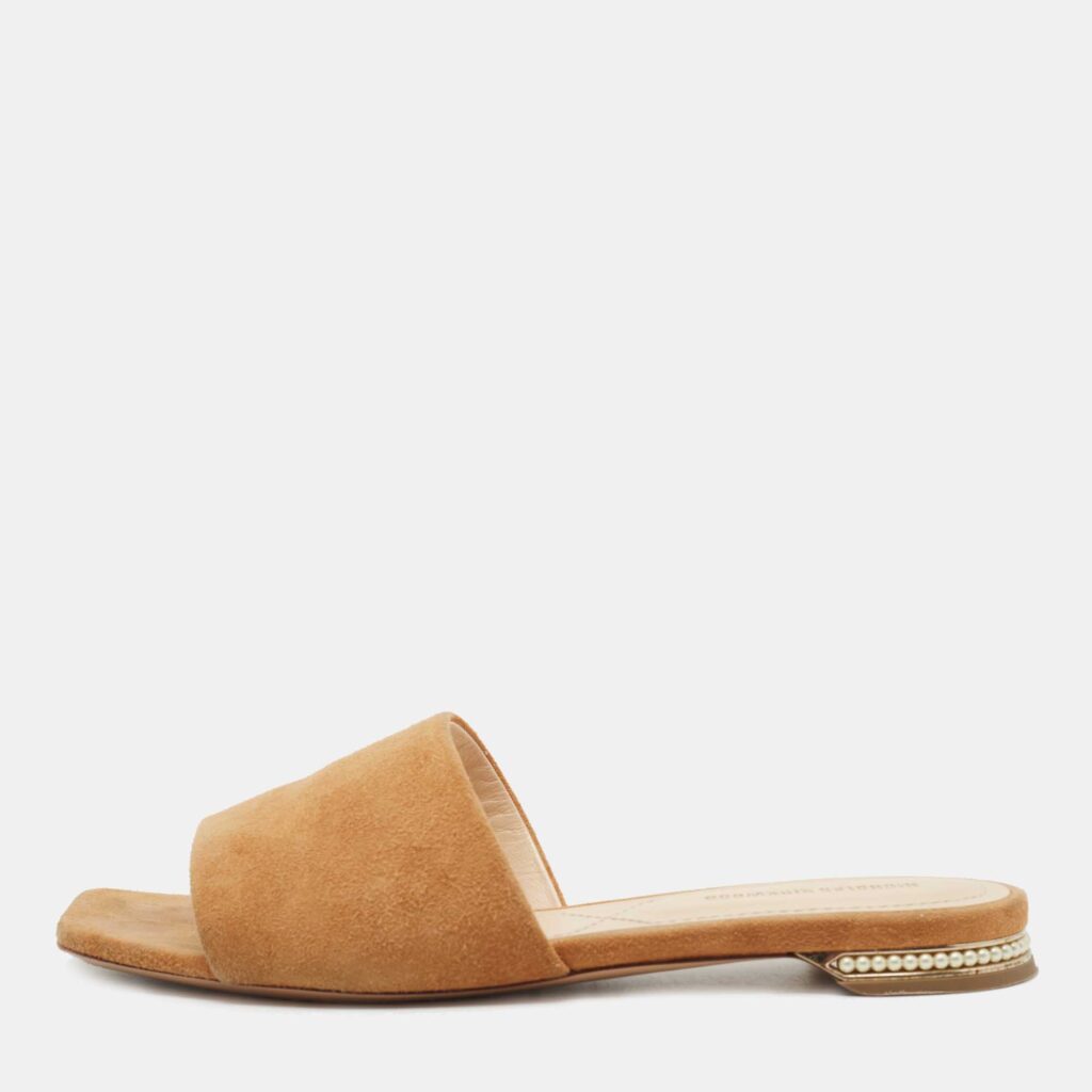 luxury-women-nicholaskirkwood-used-shoes-p740864-003 Nicholas Kirkwood Tan Suede Pearl Embellished Flat Slides Size 36