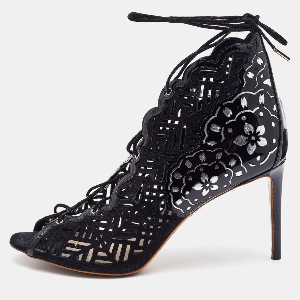 luxury-women-nicholaskirkwood-used-shoes-p752013-002 Nicholas Kirkwood Black/Silver Laser Suede and Patent Leather Lace Up Booties Size 40.5