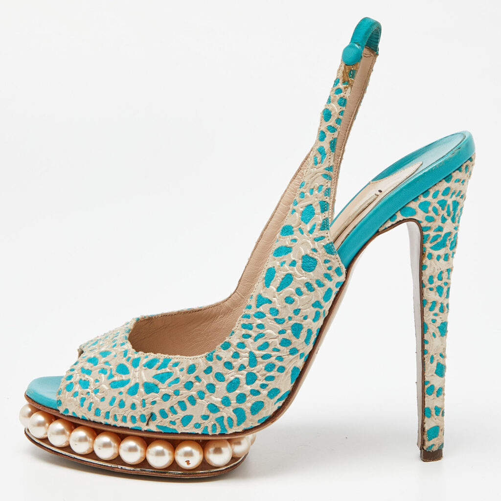 luxury-women-nicholaskirkwood-used-shoes-p918537-011 Nicholas Kirkwood Blue/White Textured Suede Pearl Embellished Slingback Sandals Size 39