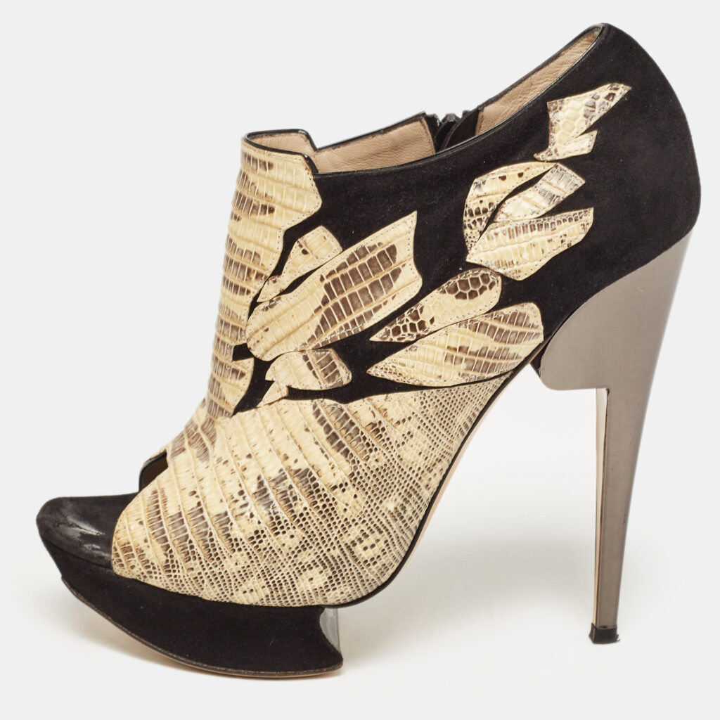 luxury-women-nicholaskirkwood-used-shoes-p930690-001 Nicholas Kirkwood Black/Yellow Suede and Embossed Lizard Open Toe Platform Booties Size 40.5