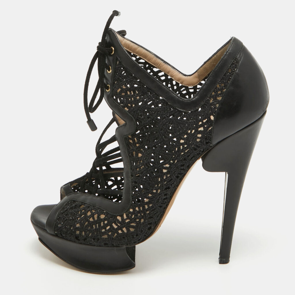 luxury-women-nicholaskirkwood-used-shoes-p947196-010 Nicholas Kirkwood Black Mesh and Leather Cutout Lace Up Booties Size 36