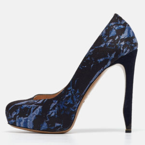 Nicholas Kirkwood Navy Blue Print Satin Platform Pumps Size 37.5