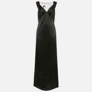 Nicole Bakti Black Satin Embroidery Detail Sleeveless Maxi Dress M