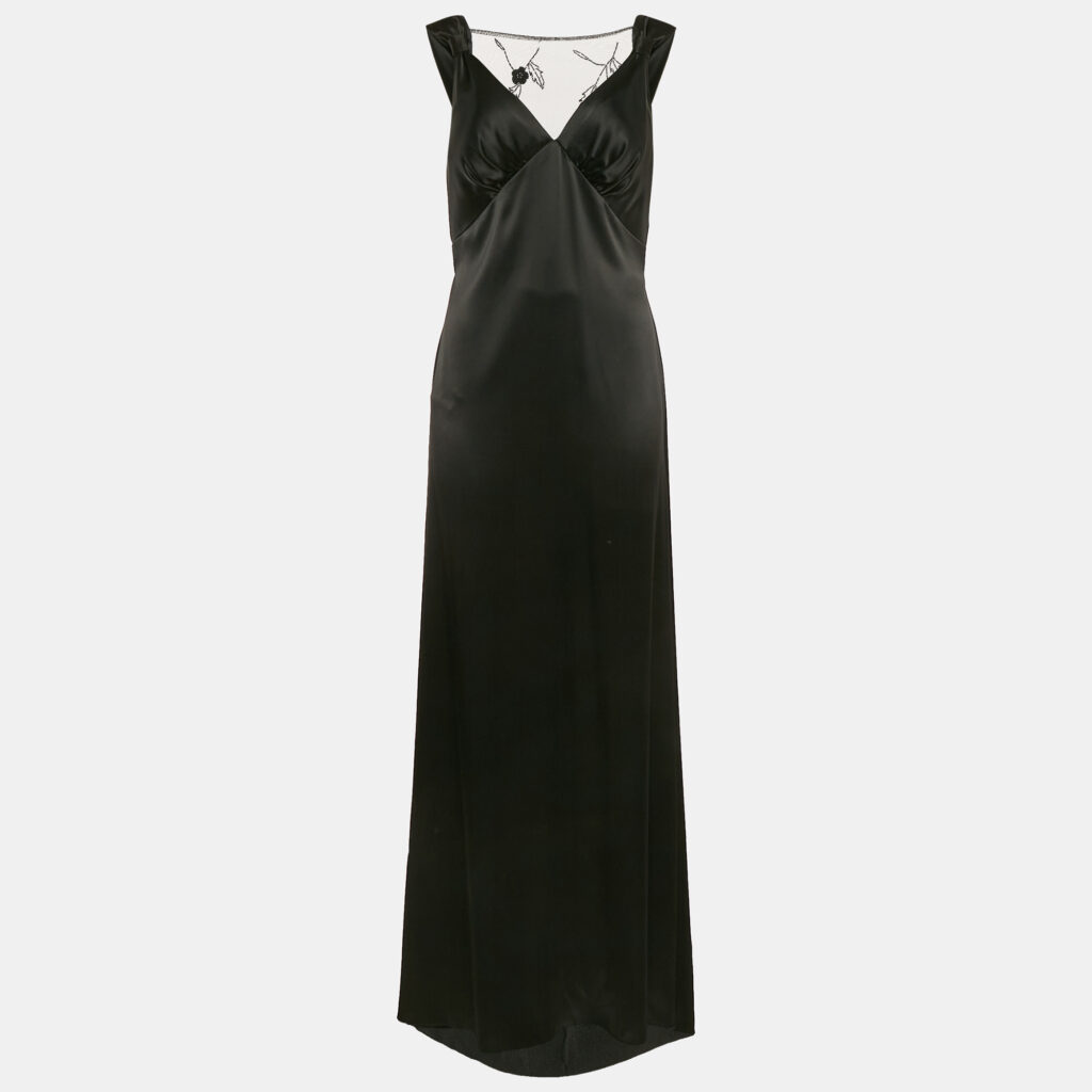 luxury-women-nicole-bakti-used-clothes-p1094625-002 Nicole Bakti Black Satin Embroidery Detail Sleeveless Maxi Dress M