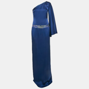 Nicole Miller Blue Sequin Embellished Satin Silk One Shoulder Cocktail Dress M
