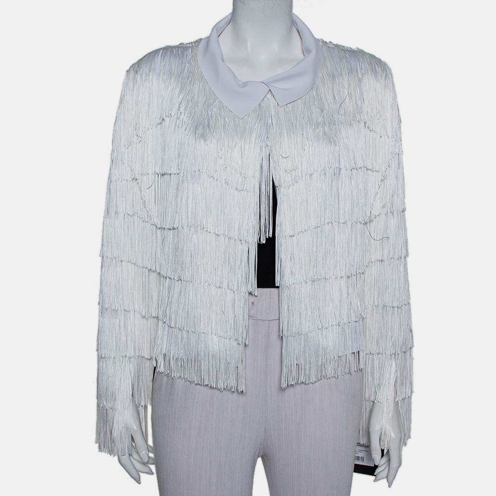 luxury-women-norma-kamali-new-clothes-p429421-011 Norma Kamali White Knit Fringed Open Front Collared Jacket M