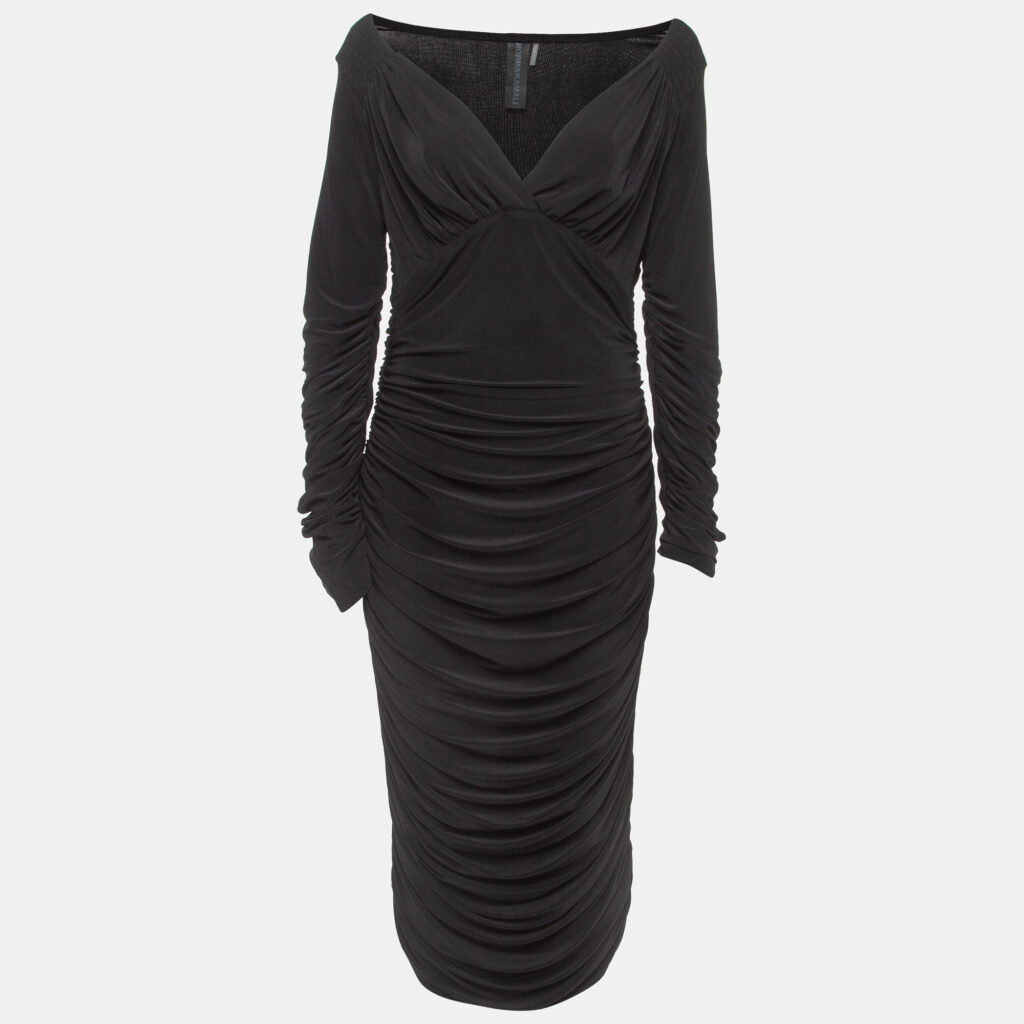luxury-women-norma-kamali-new-clothes-p919594-001 Norma Kamali Black Draped Jersey Long Sleeve Tara Midi Dress L