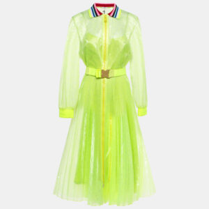 Fendi Neon Yellow Printed Synthetic Pleated Bleated Midi Dress M