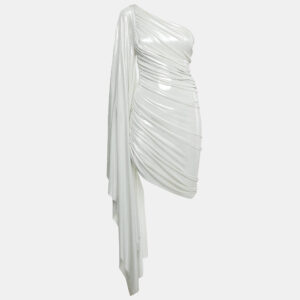 Norma Kamali Silver Lam&eacute; Jersey Long One Shoulder Ruched Mini Dress XXS