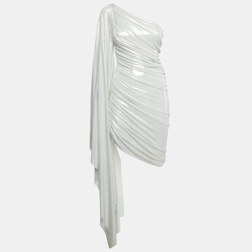 Norma Kamali Silver Lamé Jersey Long One Shoulder Ruched Mini Dress XXS