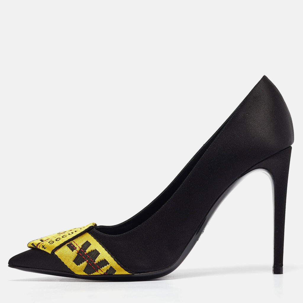 luxury-women-off-white-new-shoes-p1041824-010 Off-White Black/Yellow Satin and Logo Canvas Commercial Bow Pumps Size 40