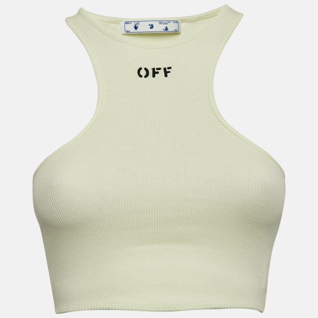 Off-White Green Logo Print Rib Knit Crop Tank Top S