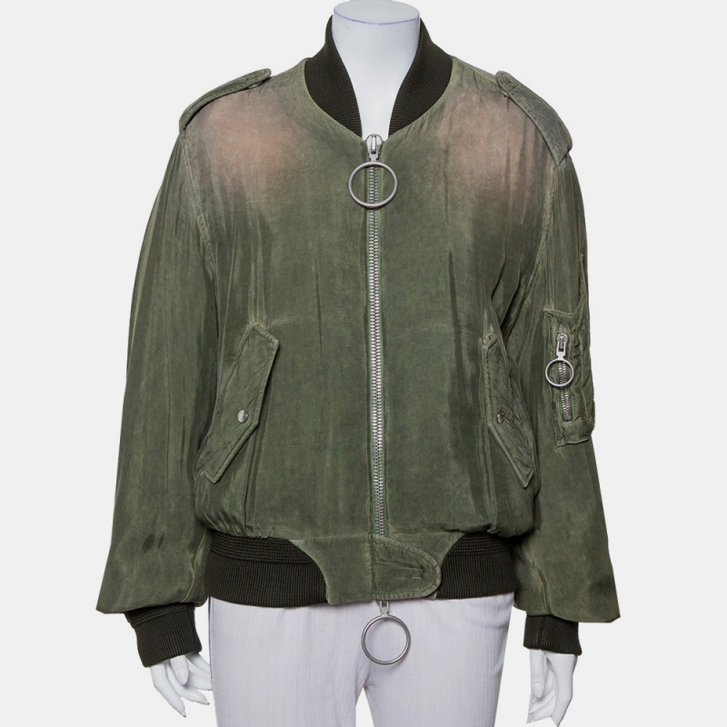 luxury-women-off-white-used-clothes-p418906-010 Off-White Green Cupro Washed Out Effect Zipper Front Bomber Jacket M