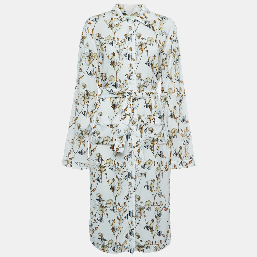 luxury-women-off-white-used-clothes-p919115-005 Off-White White Floral Logo Print Crepe Belted Midi Shirt Dress M