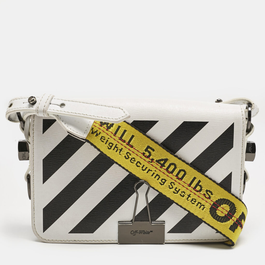 Off-White White/Black Diagonal Print Leather Mini Binder Clip Crossbody Bag