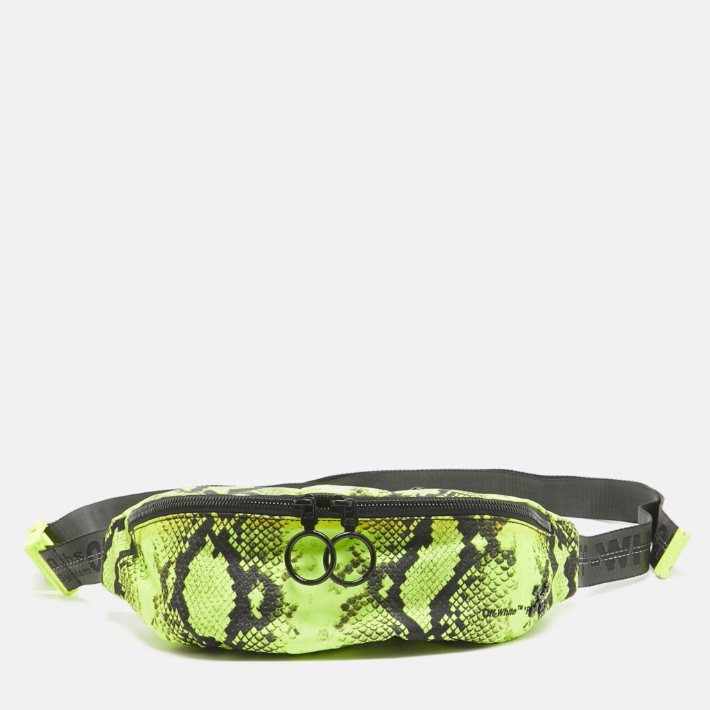 luxury-women-off-white-used-handbags-p972128-013 Off-White Neon Green/Black Python Print Nylon Fanny Pack Belt Bag
