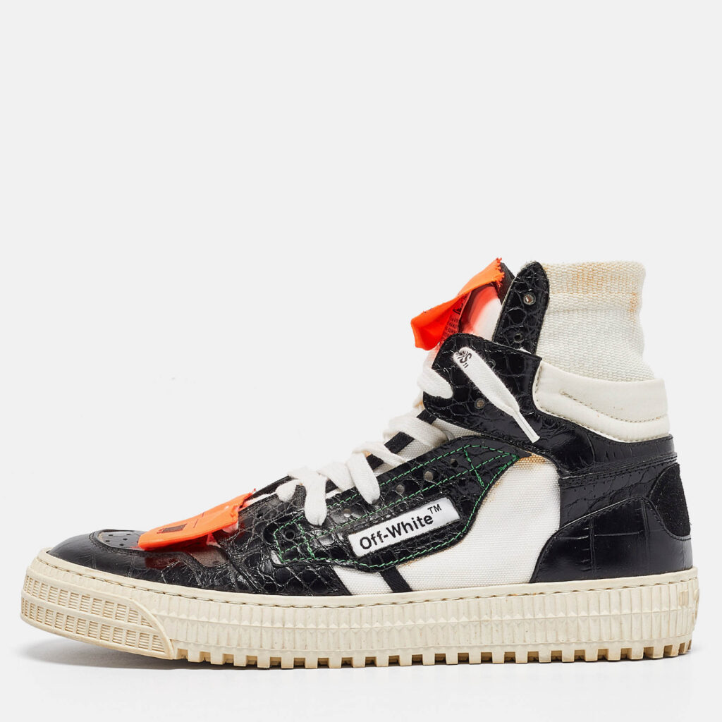 luxury-women-off-white-used-shoes-p1003832-010 Off-White Black/White Croc Embossed and Canvas Off Court 3.0 High Top Sneakers Size 38