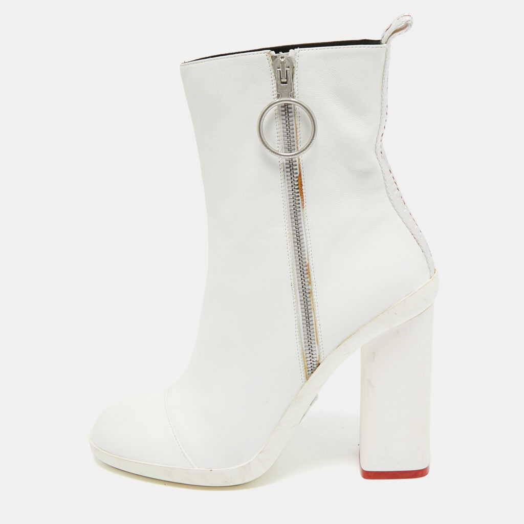 Off-White White Leather Block Heel Ankle Length Boots Size 39