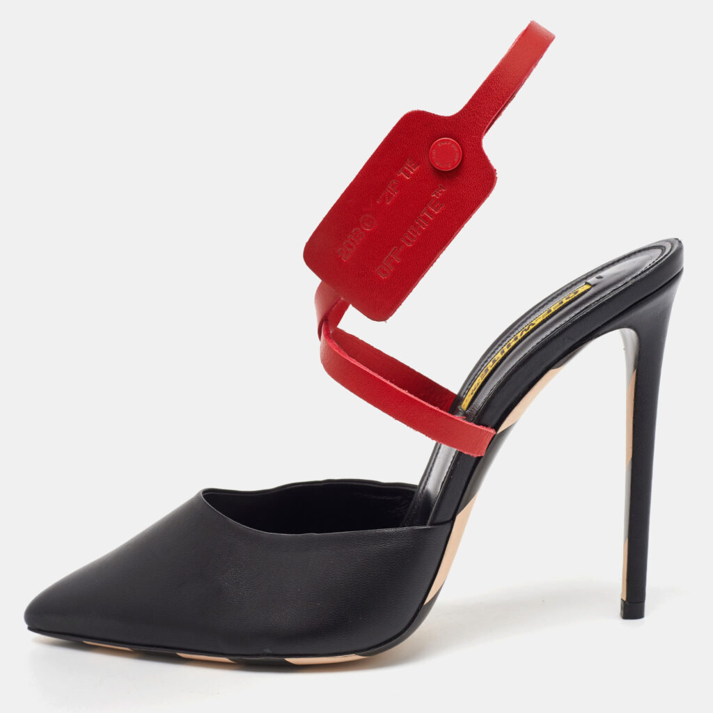 luxury-women-off-white-used-shoes-p1163464-001 Off-White Black/Red Leather Pointed Toe Zip Tie Ankle Strap Mules Size 40