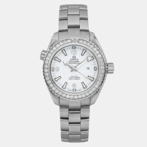 Omega White Stainless Steel Diamond Seamaster Planet Ocean 232.15.38.20.04.001 Automatic Men's Wristwatch 37.5mm