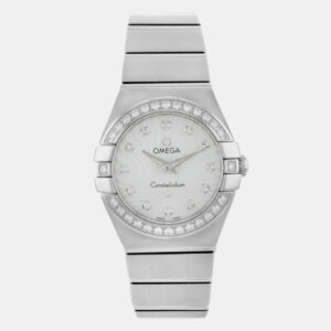 omega white mop stainless steel constellation 123.15.24.60.55.004 quartz women's wristwatch 24 mm