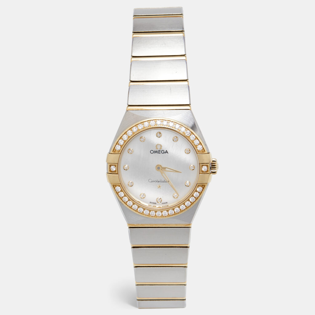 luxury-women-omega-used-watches-p1137554-001 Omega Mother Of Pearl 18K Yellow Gold Stainless Steel Diamond Constellation 131.25.28.60.55.002 Women's Wristwatch 28 mm