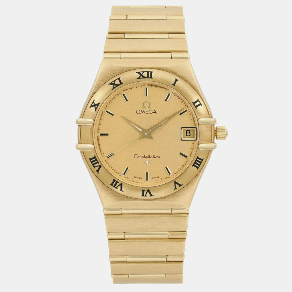 luxury-women-omega-used-watches-p1160612-006 Omega Champagne 18k Yellow Gold Constellation 1112.10 Quartz Women's Wristwatch 33.5 mm