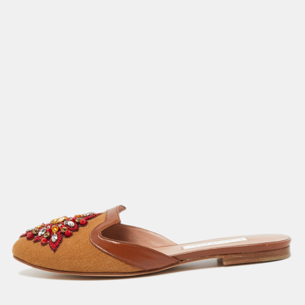 luxury-women-oscar-de-la-rentaslug-new-shoes-p823062-001 Oscar de la Renta Brown Canvas and Leather Spanish Embellished Flat Mules Size 36